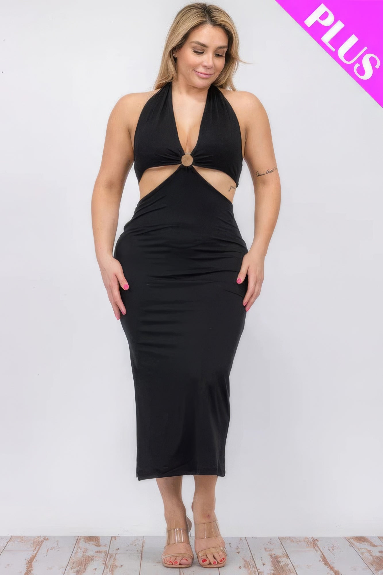 Plus Size Cut-out Halter Neck Double Back Tie Split Thigh Midi Dress - Body By J'ne
