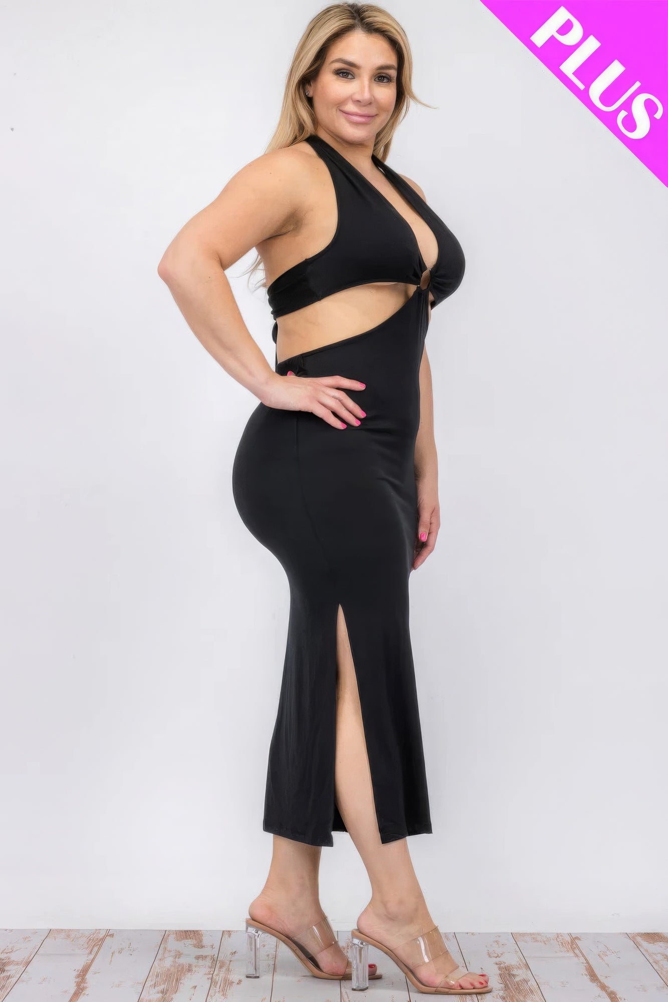 Plus Size Cut-out Halter Neck Double Back Tie Split Thigh Midi Dress - Body By J'ne