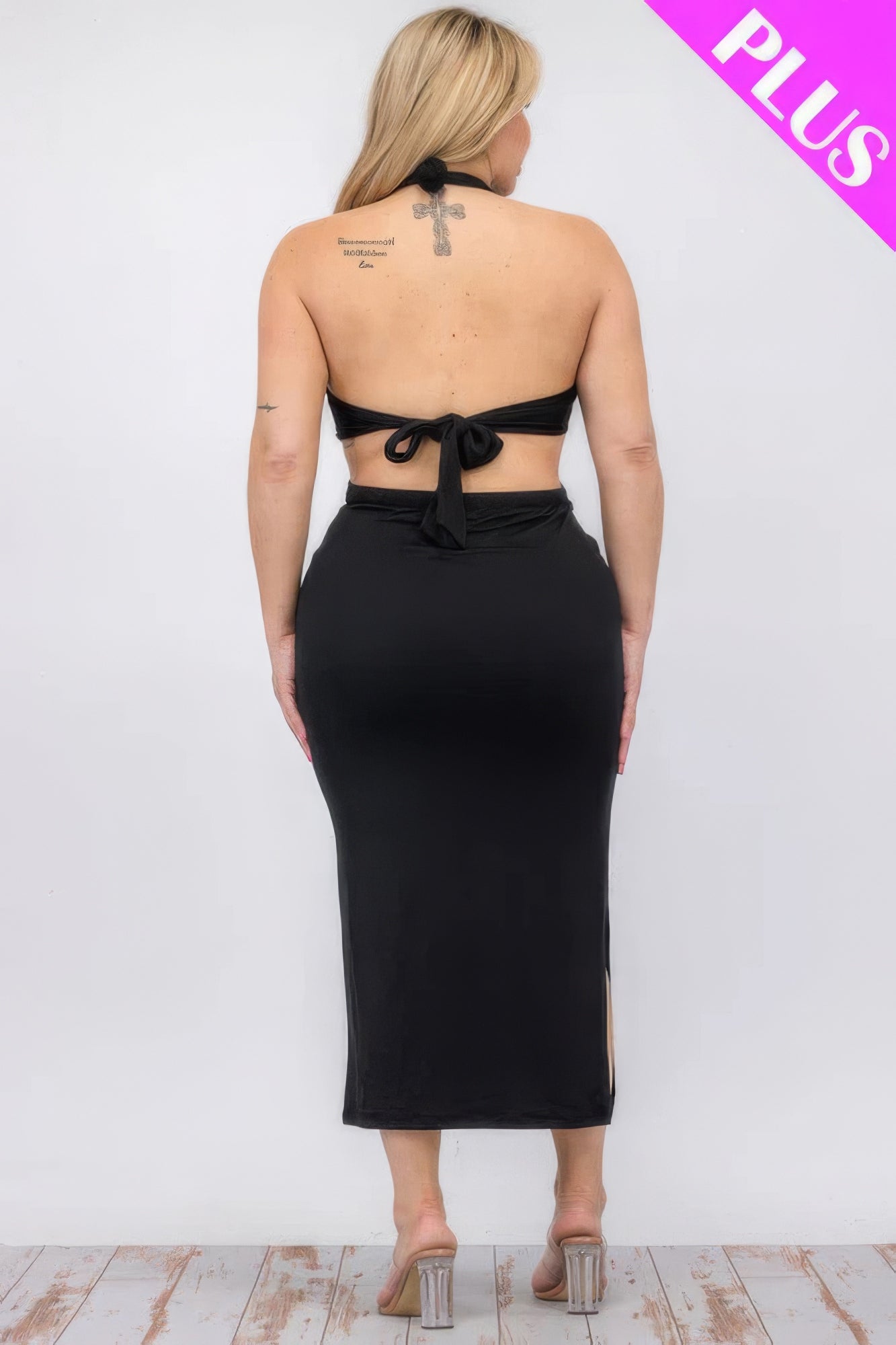 Plus Size Cut-out Halter Neck Double Back Tie Split Thigh Midi Dress - Body By J'ne