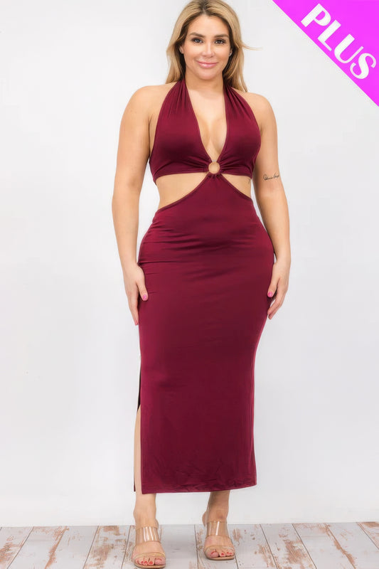 Plus Size Cut-out Halter Neck Double Back Tie Split Thigh Midi Dress - Body By J'ne