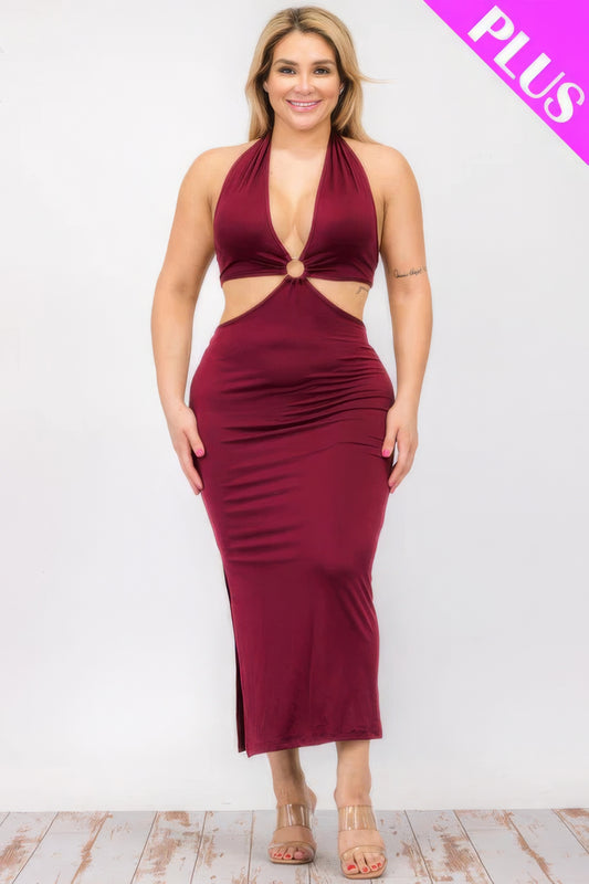 Plus Size Cut-out Halter Neck Double Back Tie Split Thigh Midi Dress - Body By J'ne
