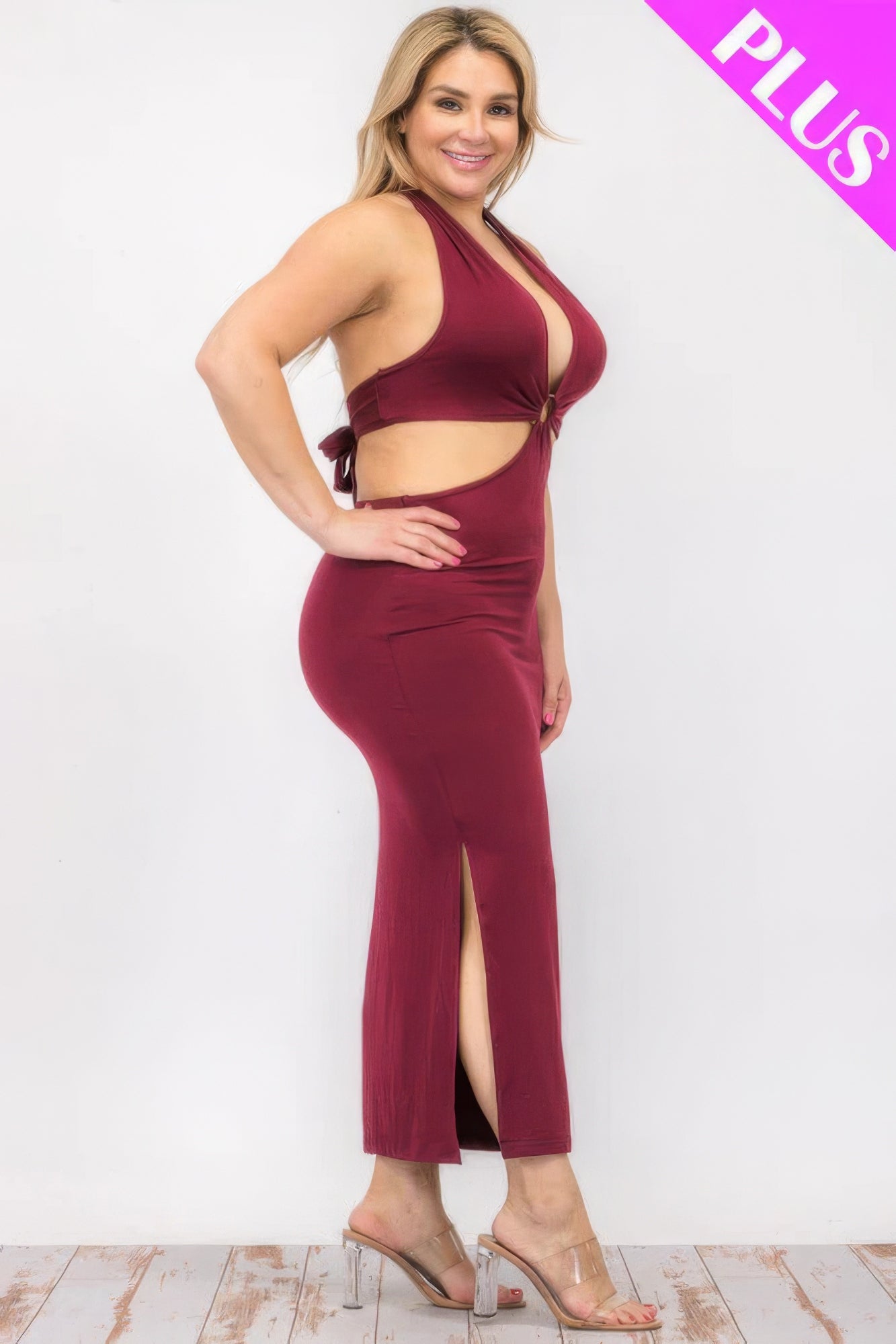 Plus Size Cut-out Halter Neck Double Back Tie Split Thigh Midi Dress - Body By J'ne