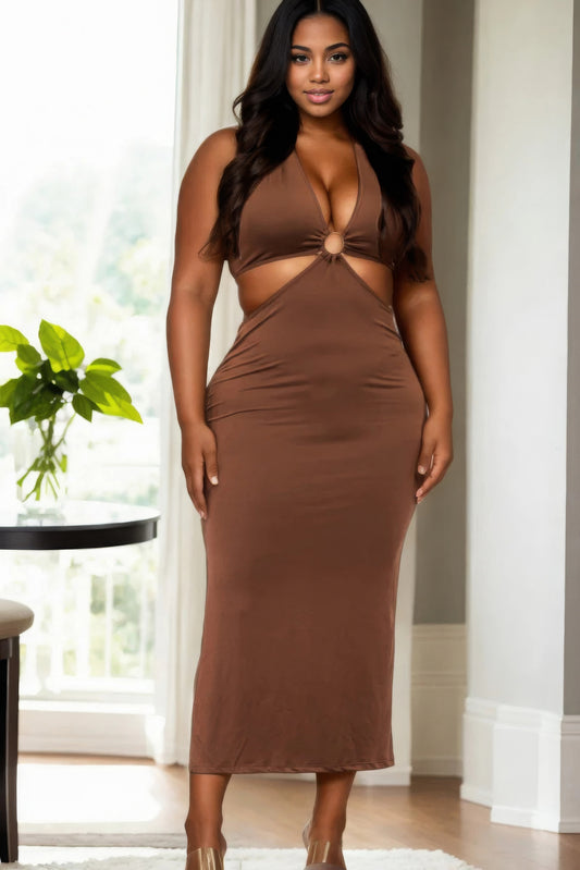 Plus Size Cut-out Halter Neck Double Back Tie Split Thigh Midi Dress - Body By J'ne