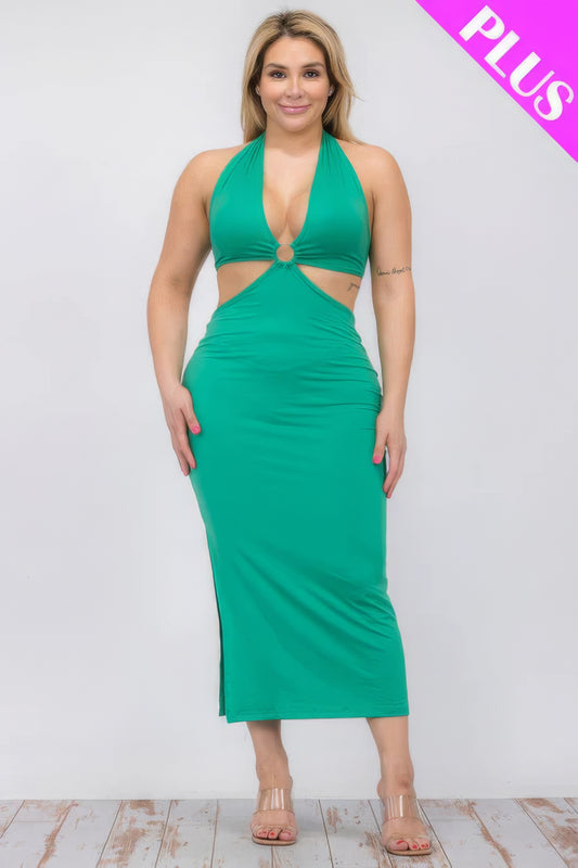 Plus Size Cut-out Halter Neck Double Back Tie Split Thigh Midi Dress - Body By J'ne