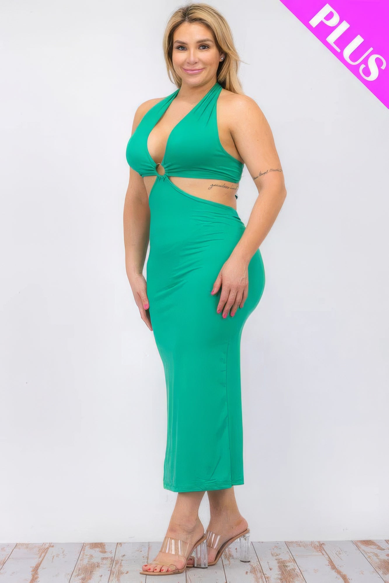 Plus Size Cut-out Halter Neck Double Back Tie Split Thigh Midi Dress - Body By J'ne