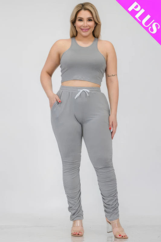 Plus Size Crop Tank Top & Ruched Pants Set - Body By J'ne
