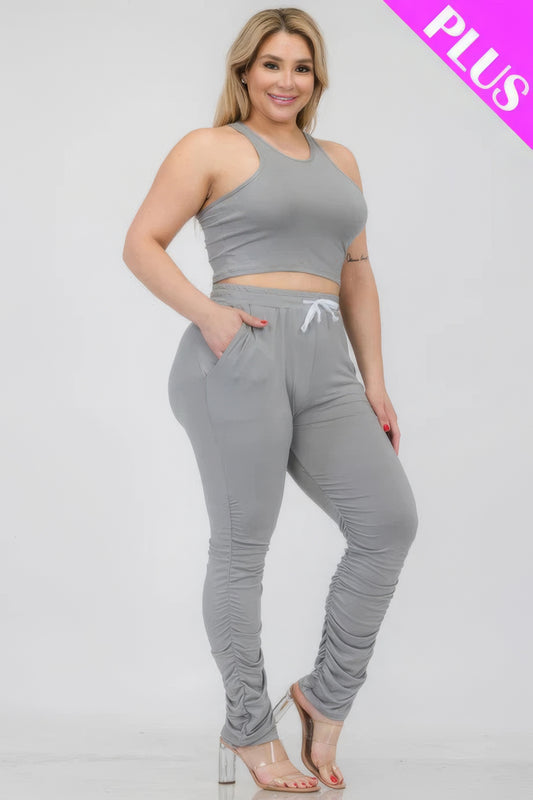 Plus Size Crop Tank Top & Ruched Pants Set - Body By J'ne