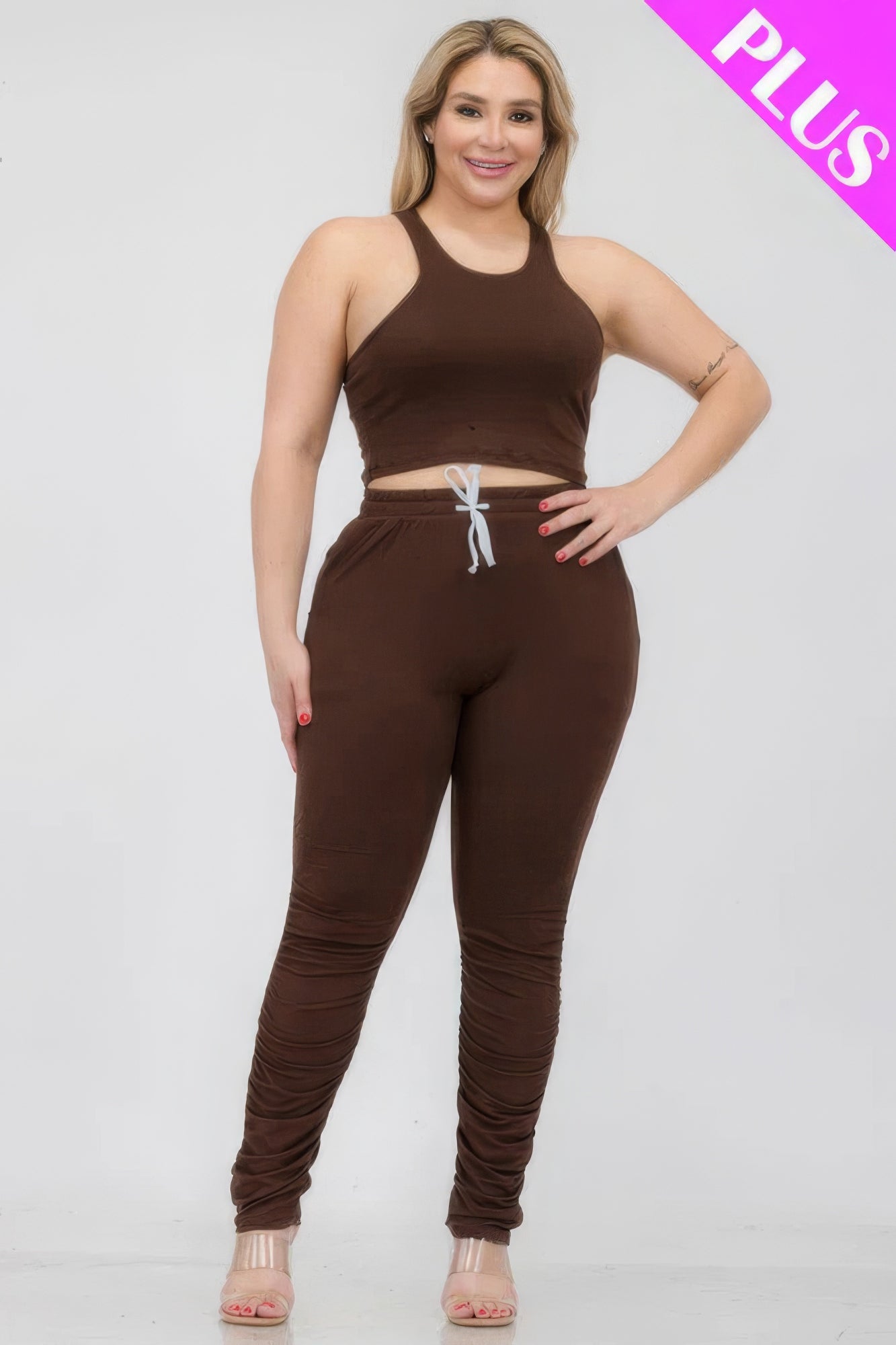 Plus Size Crop Tank Top & Ruched Pants Set - Body By J'ne