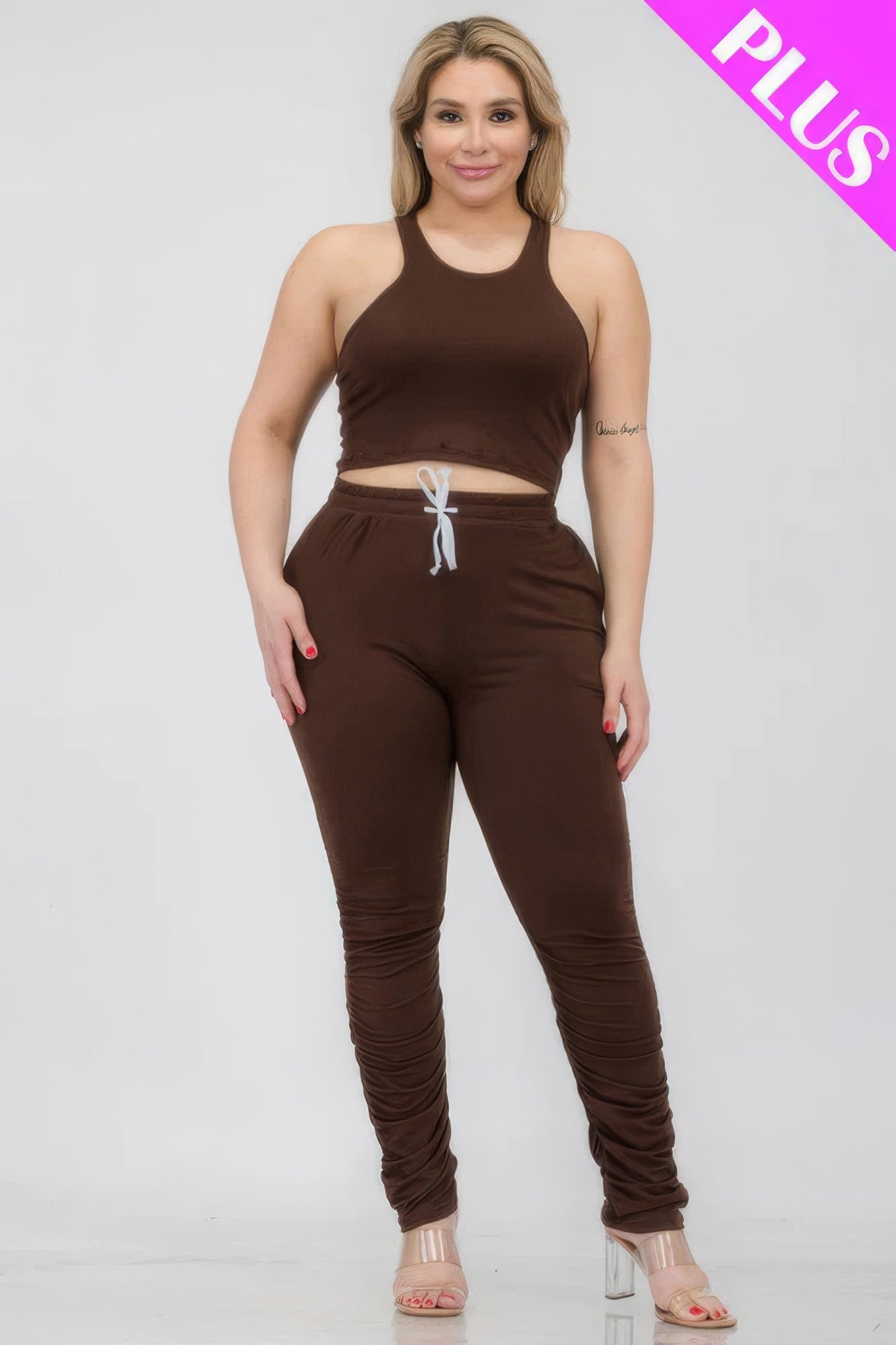 Plus Size Crop Tank Top & Ruched Pants Set - Body By J'ne