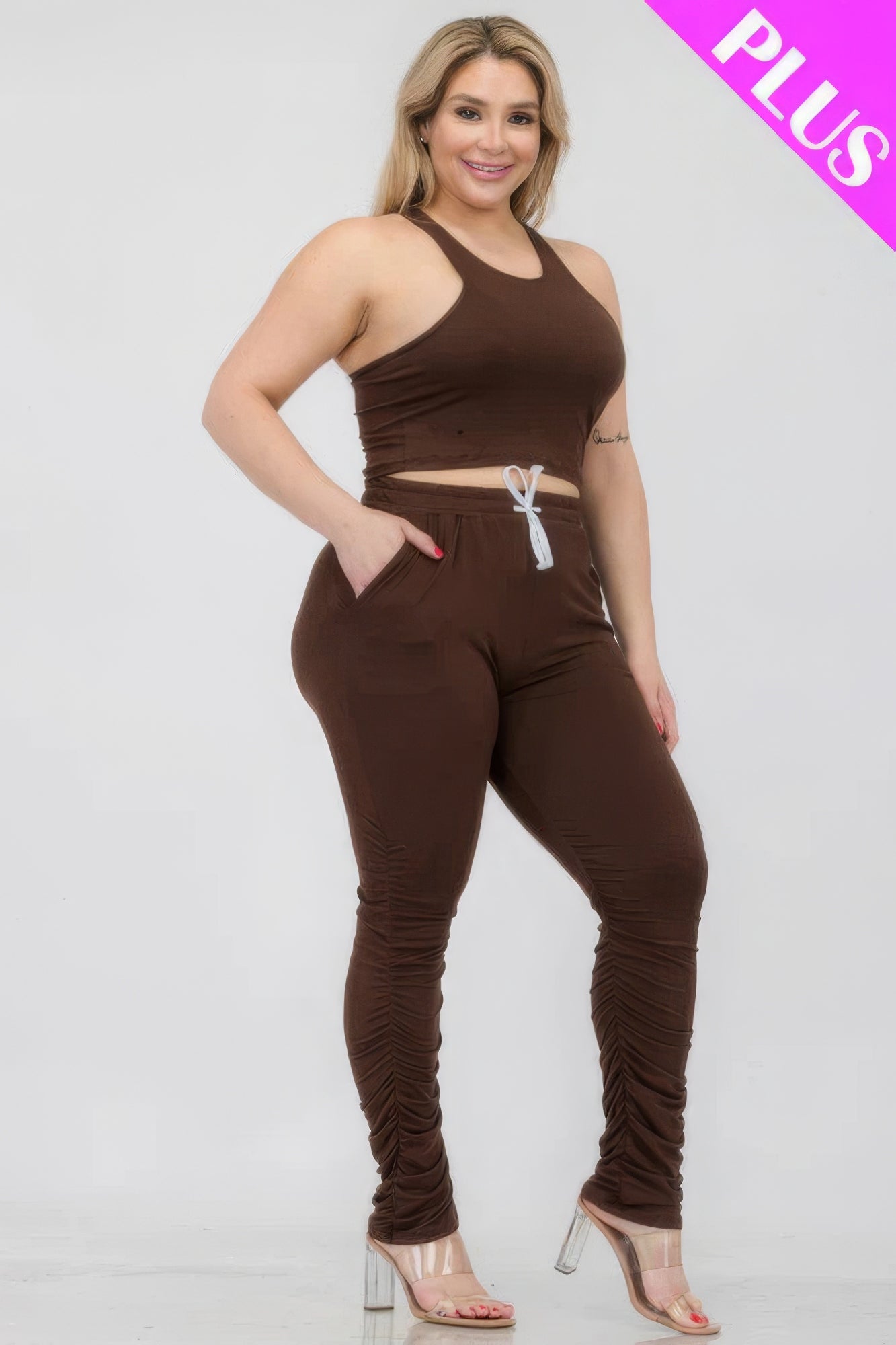 Plus Size Crop Tank Top & Ruched Pants Set - Body By J'ne