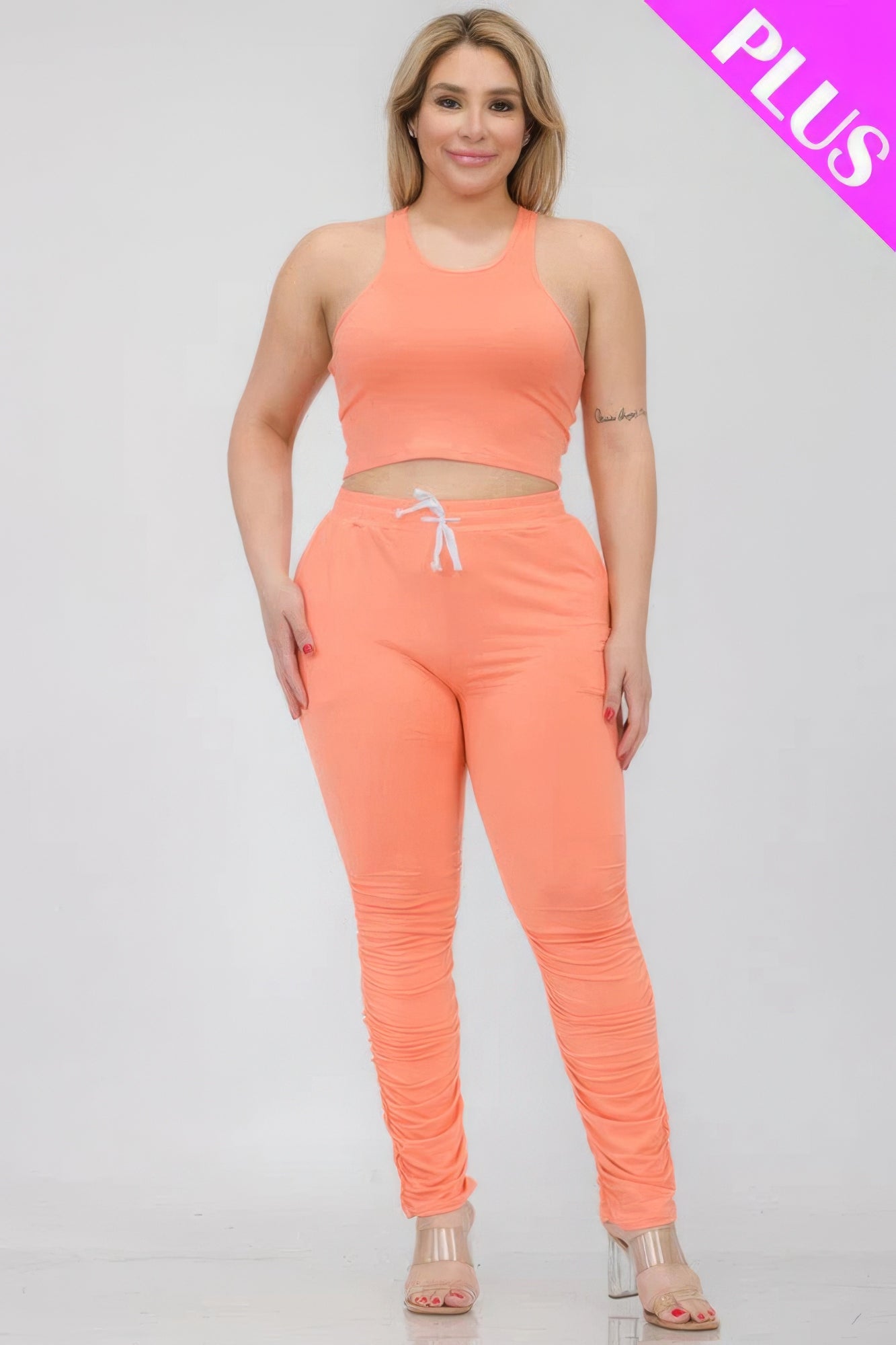 Plus Size Crop Tank Top & Ruched Pants Set - Body By J'ne