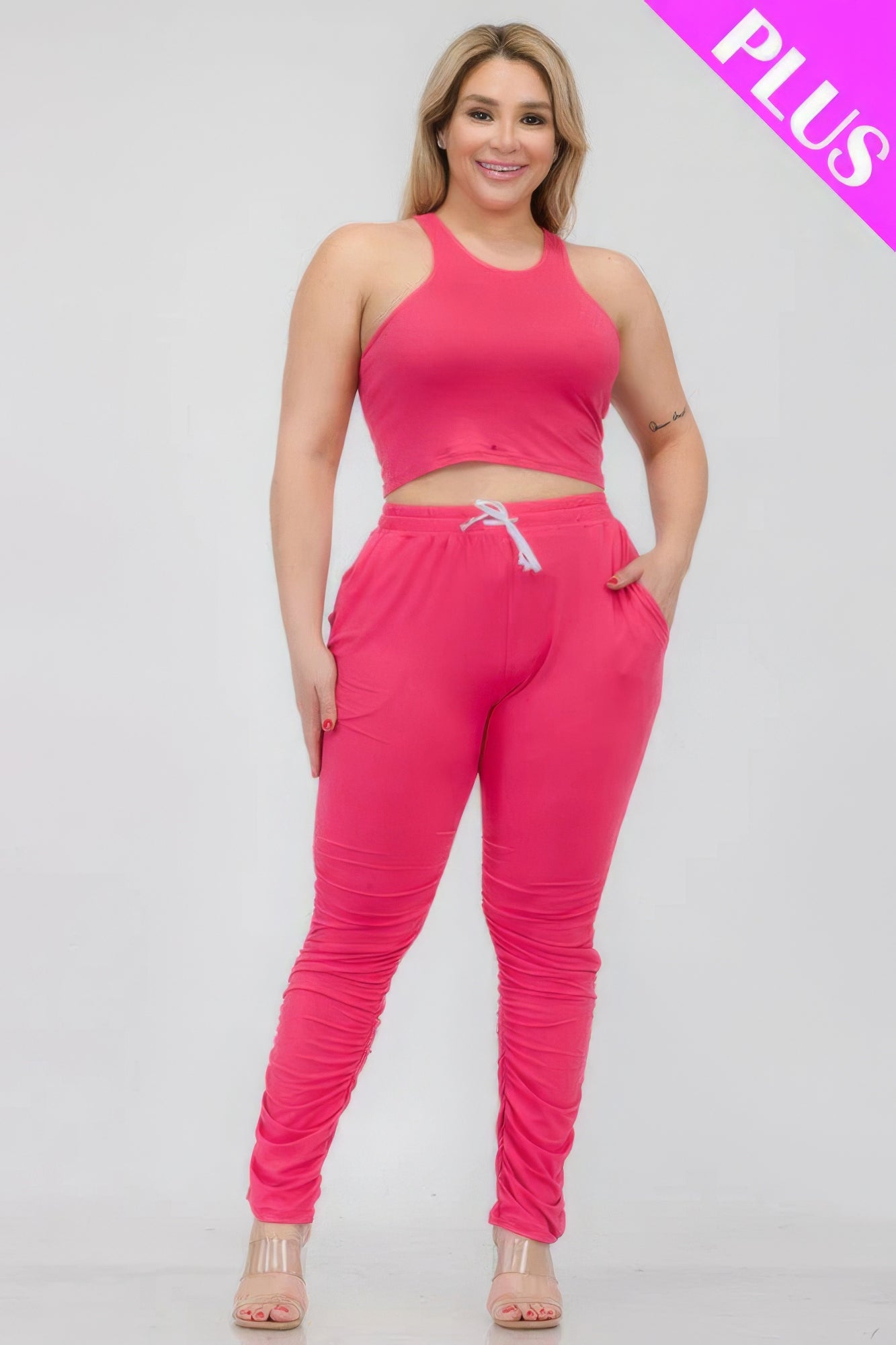 Plus Size Crop Tank Top & Ruched Pants Set - Body By J'ne