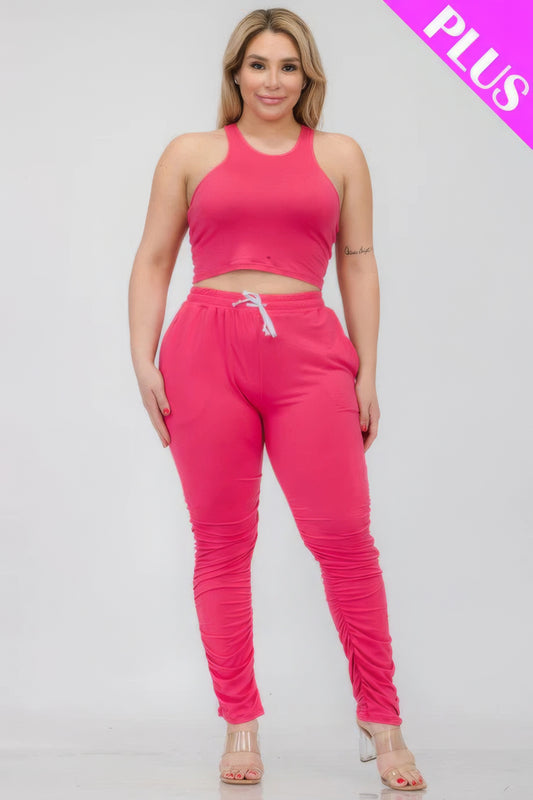 Plus Size Crop Tank Top & Ruched Pants Set - Body By J'ne