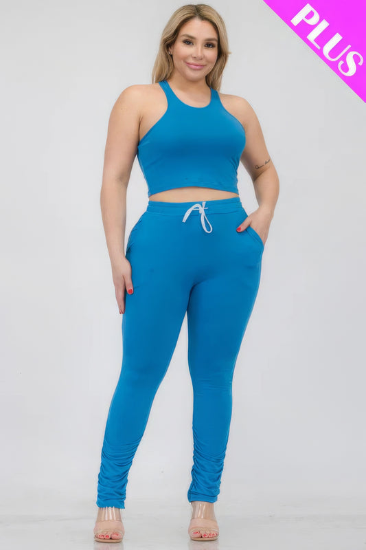 Plus Size Crop Tank Top & Ruched Pants Set - Body By J'ne