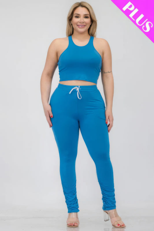 Plus Size Crop Tank Top & Ruched Pants Set - Body By J'ne