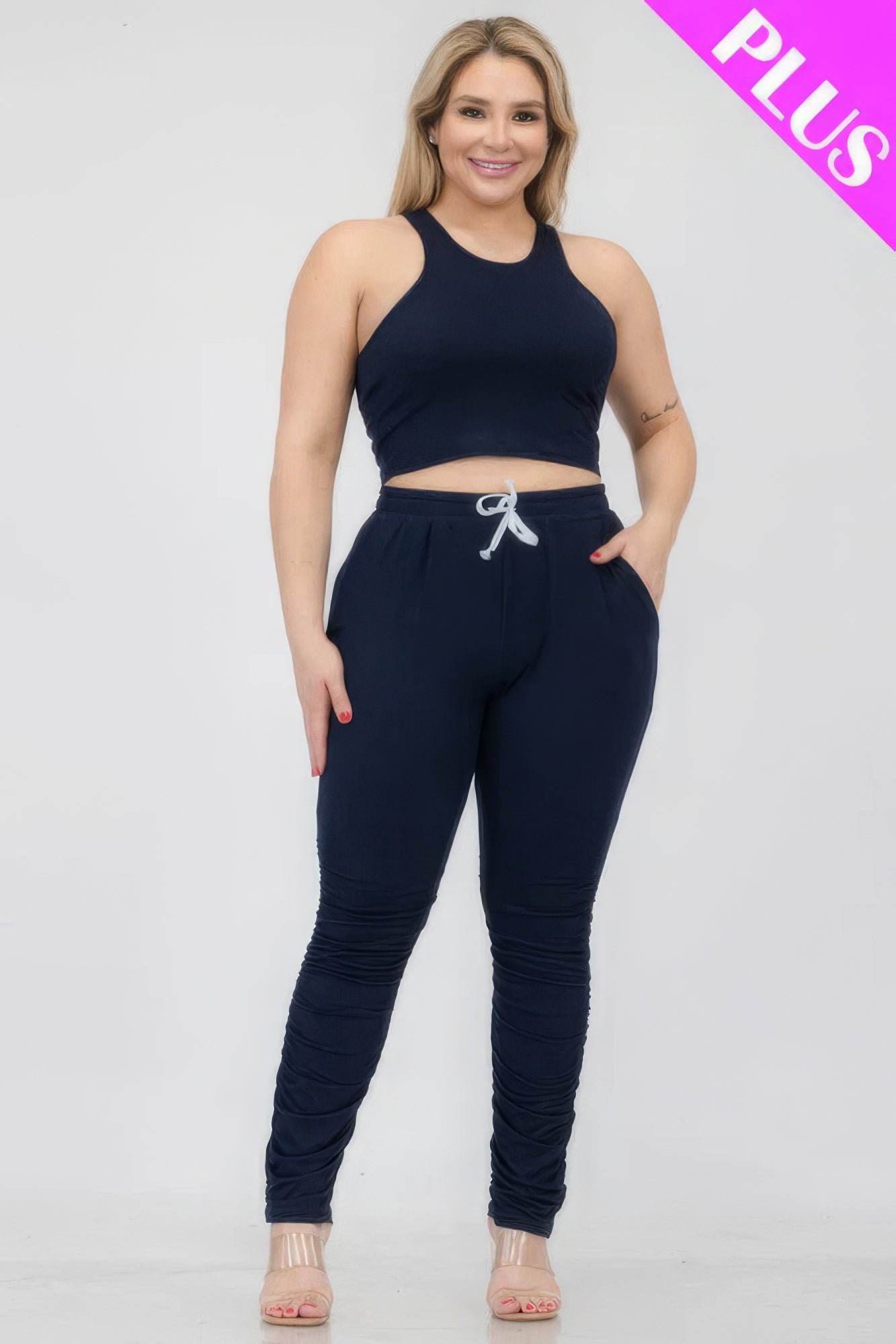 Plus Size Crop Tank Top & Ruched Pants Set - Body By J'ne