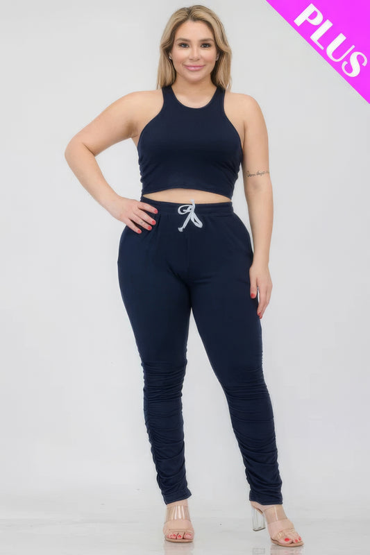 Plus Size Crop Tank Top & Ruched Pants Set - Body By J'ne