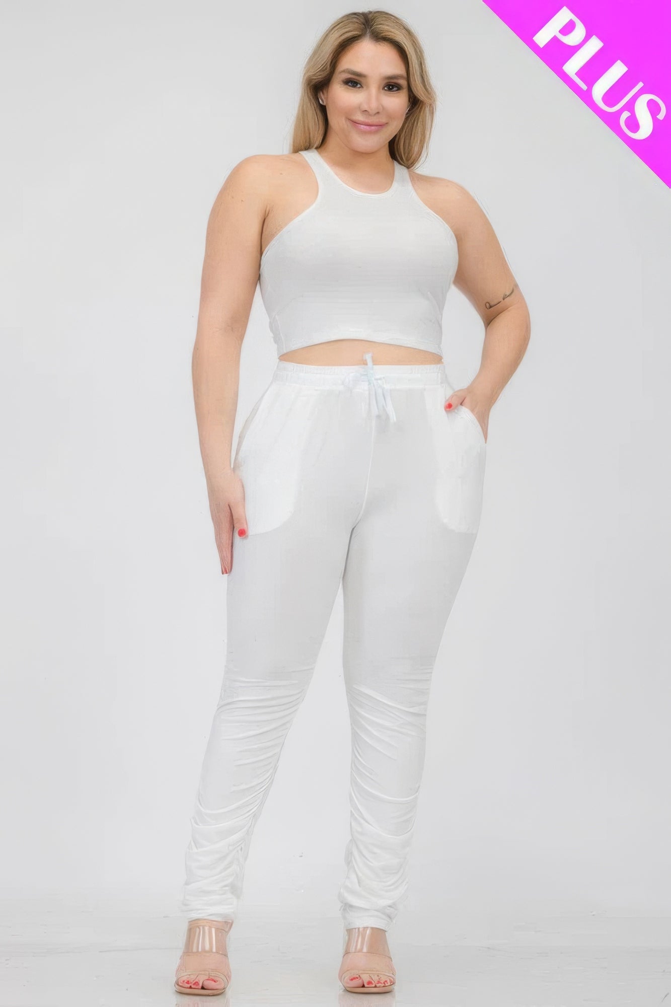 Plus Size Crop Tank Top & Ruched Pants Set - Body By J'ne