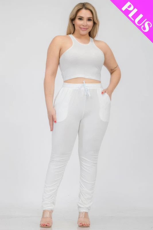 Plus Size Crop Tank Top & Ruched Pants Set - Body By J'ne