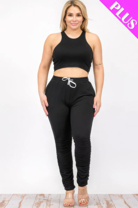 Plus Size Crop Tank Top & Ruched Pants Set - Body By J'ne