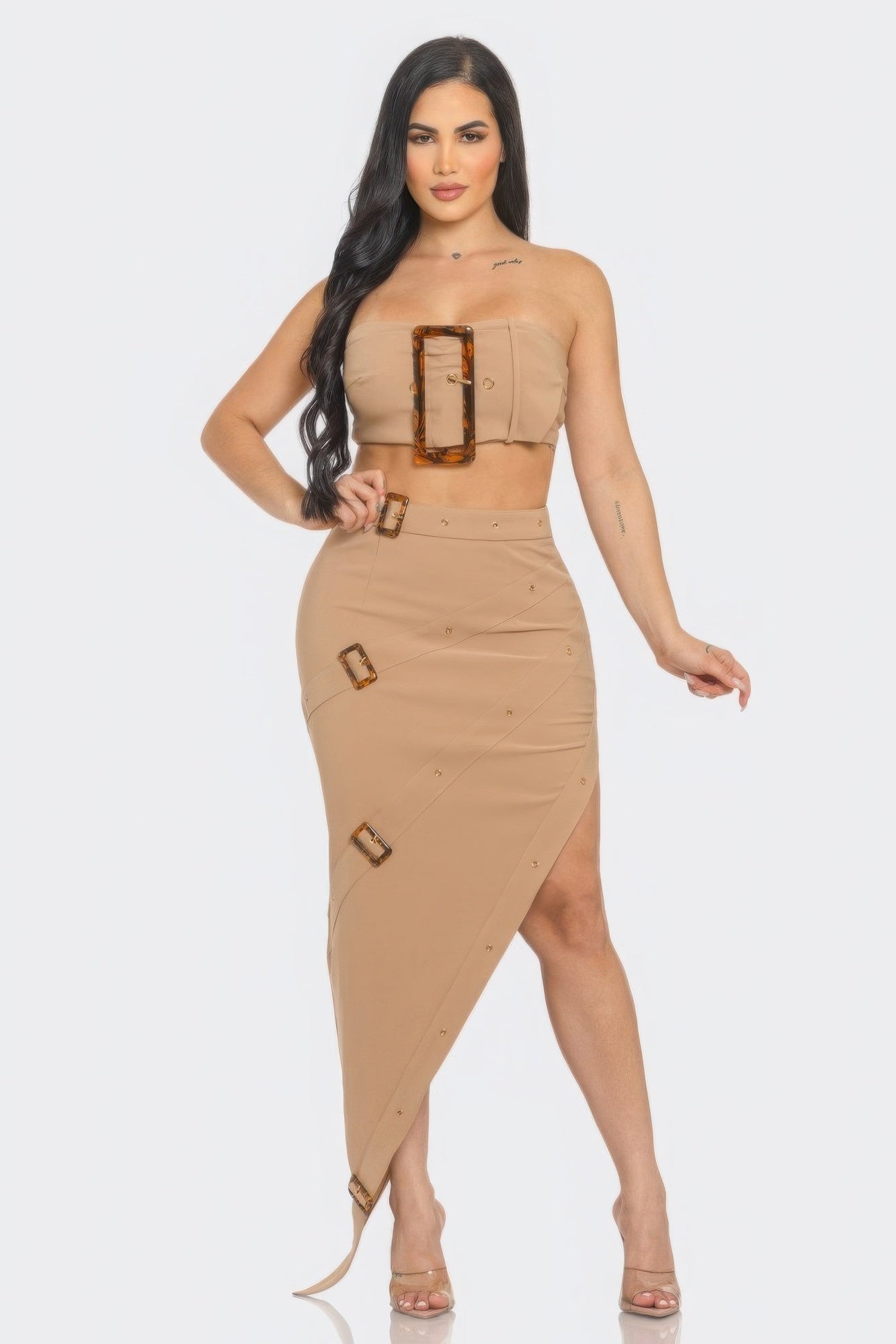 Front Eyelet Buckle Belt Top And Skirt Set - Body By J'ne