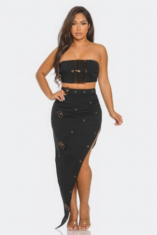 Front Eyelet Buckle Belt Top And Skirt Set - Body By J'ne