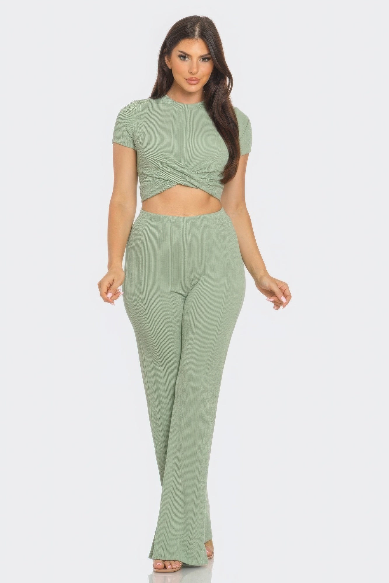 Front Twist Detail Top And Flare Pants Set - Body By J'ne