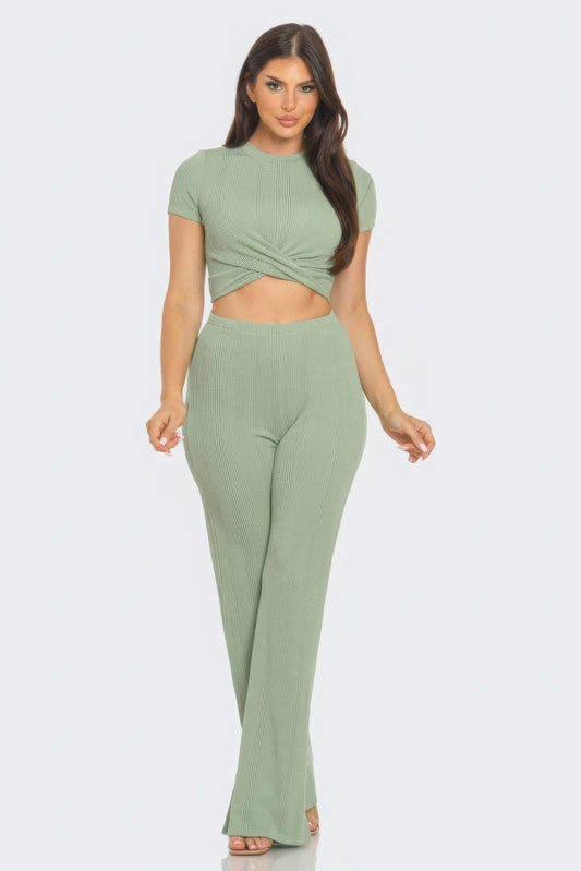 Front Twist Detail Top And Flare Pants Set - Body By J'ne
