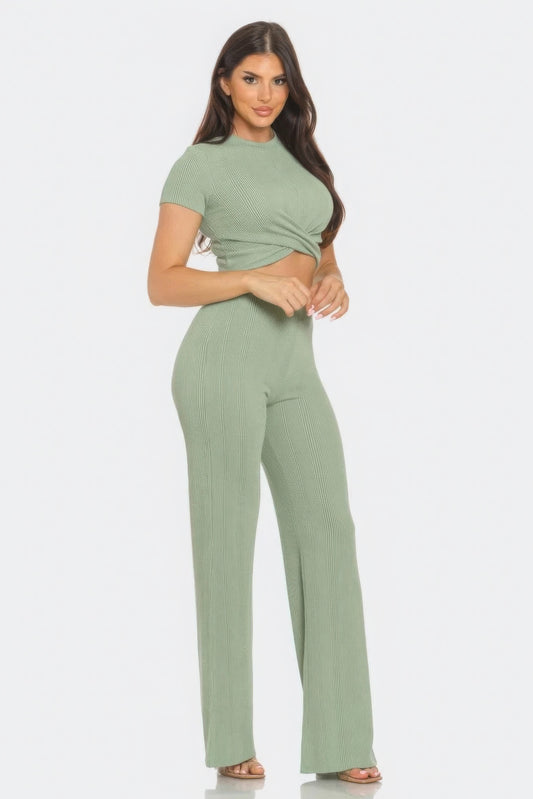 Front Twist Detail Top And Flare Pants Set - Body By J'ne