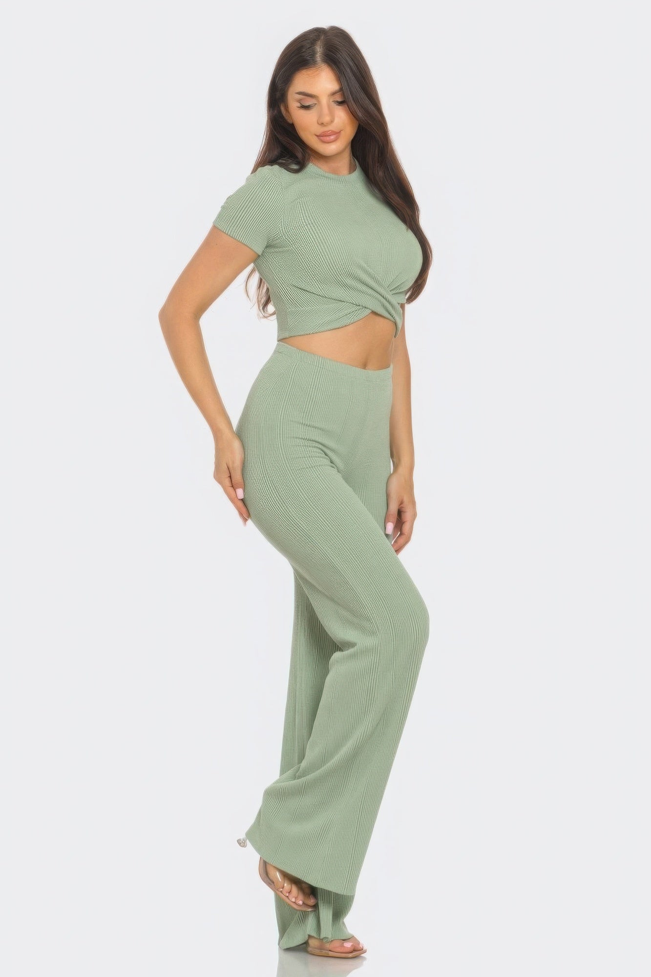 Front Twist Detail Top And Flare Pants Set - Body By J'ne