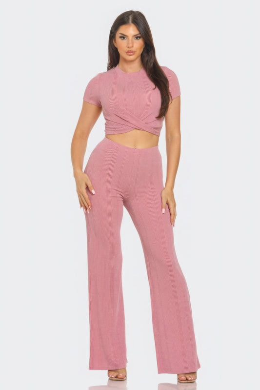 Front Twist Detail Top And Flare Pants Set - Body By J'ne