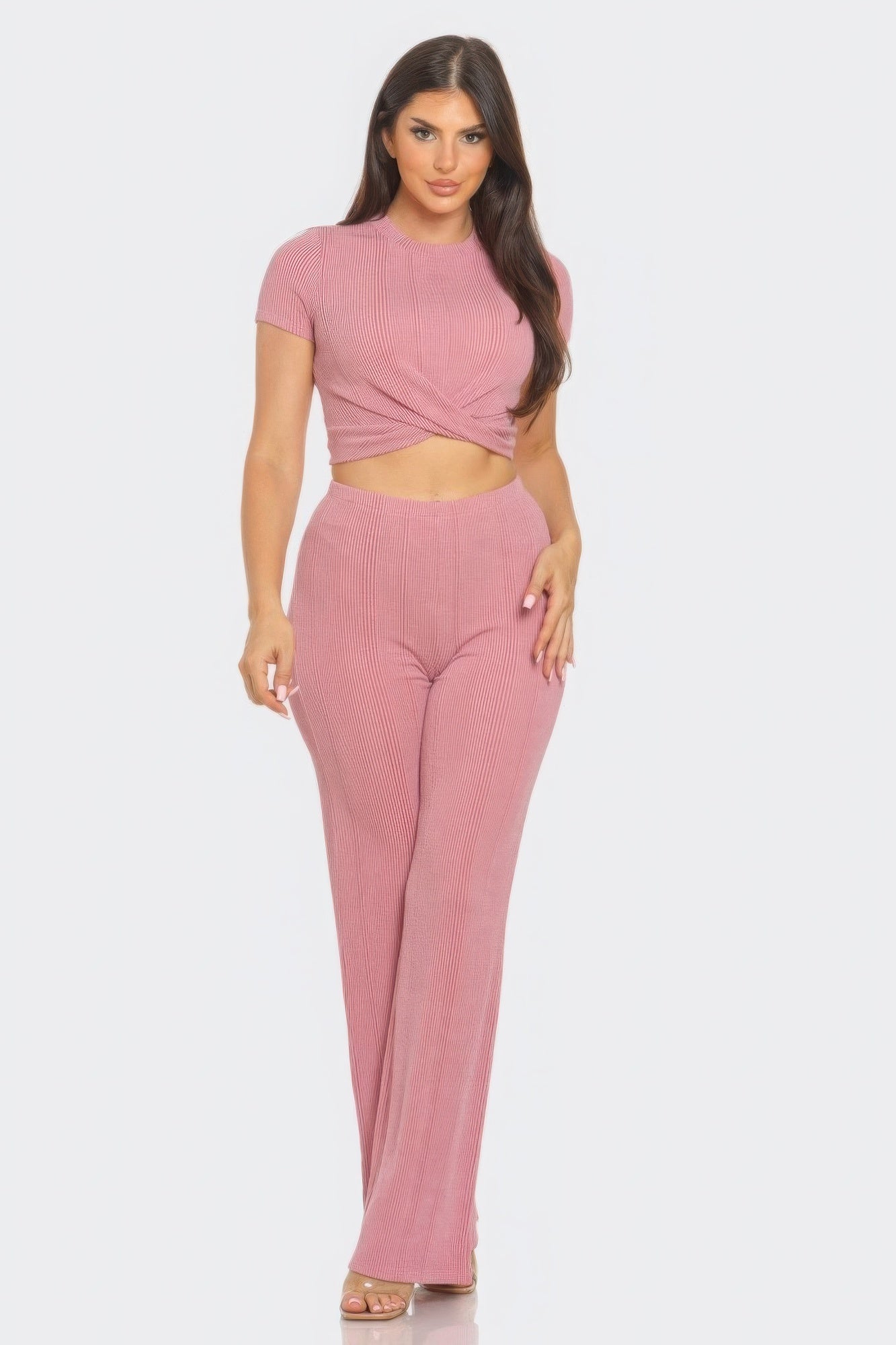Front Twist Detail Top And Flare Pants Set - Body By J'ne