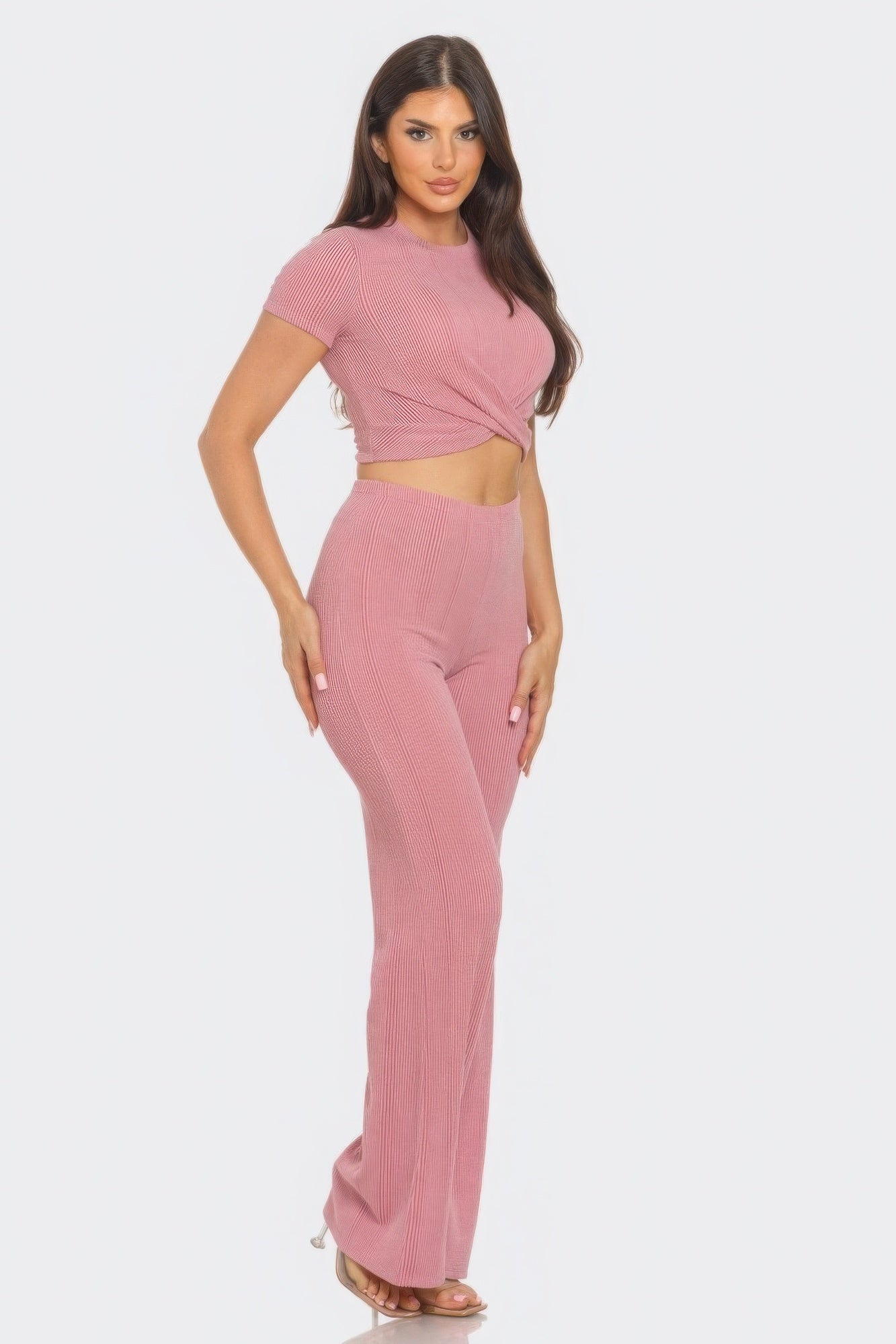 Front Twist Detail Top And Flare Pants Set - Body By J'ne