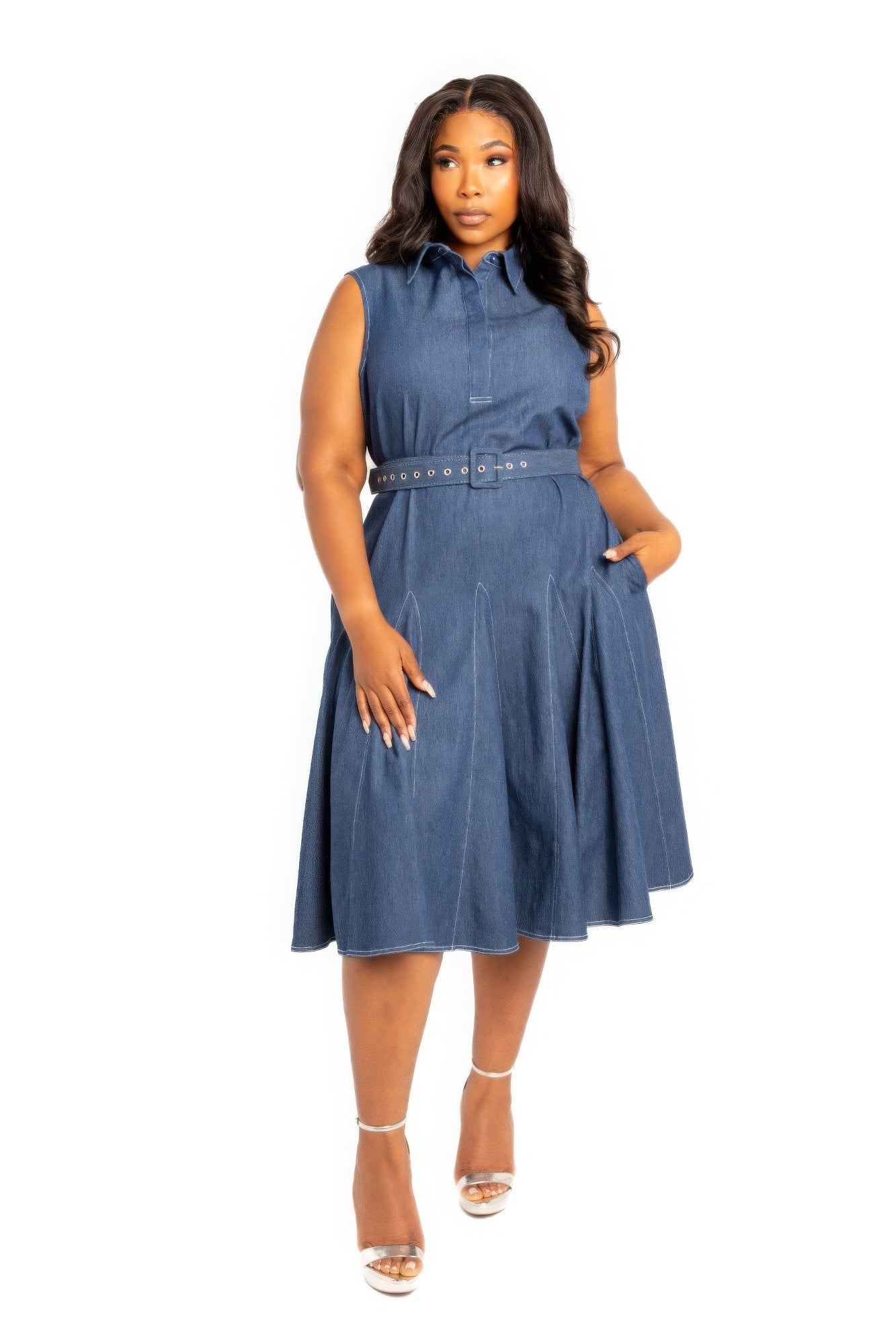 Contrast stitch washed denim shirt dress with belt - Body By J'ne