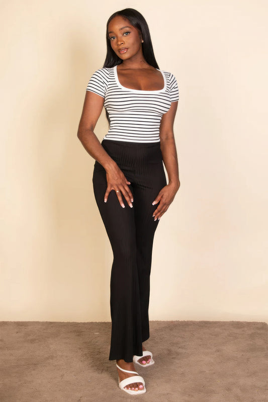 Ribbed tight knitted striped square neck short sleeve t shirt - Body By J'ne