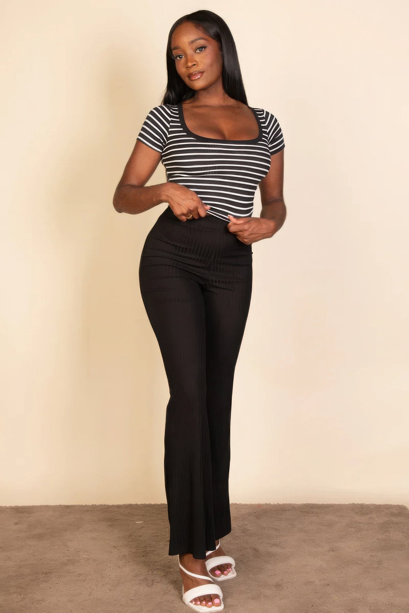 Ribbed tight knitted striped square neck short sleeve t shirt - Body By J'ne