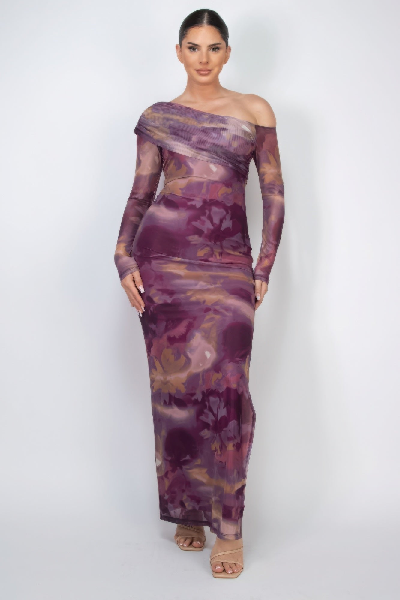 Printed mesh slit bodycon dress - Body By J'ne