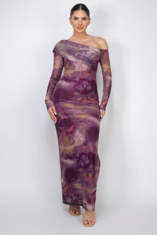 Printed mesh slit bodycon dress - Body By J'ne