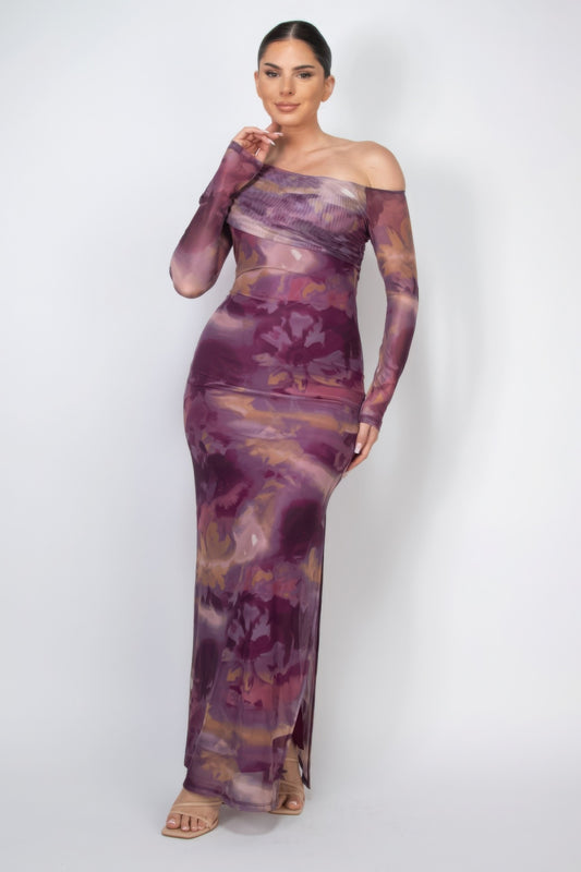 Printed mesh slit bodycon dress - Body By J'ne