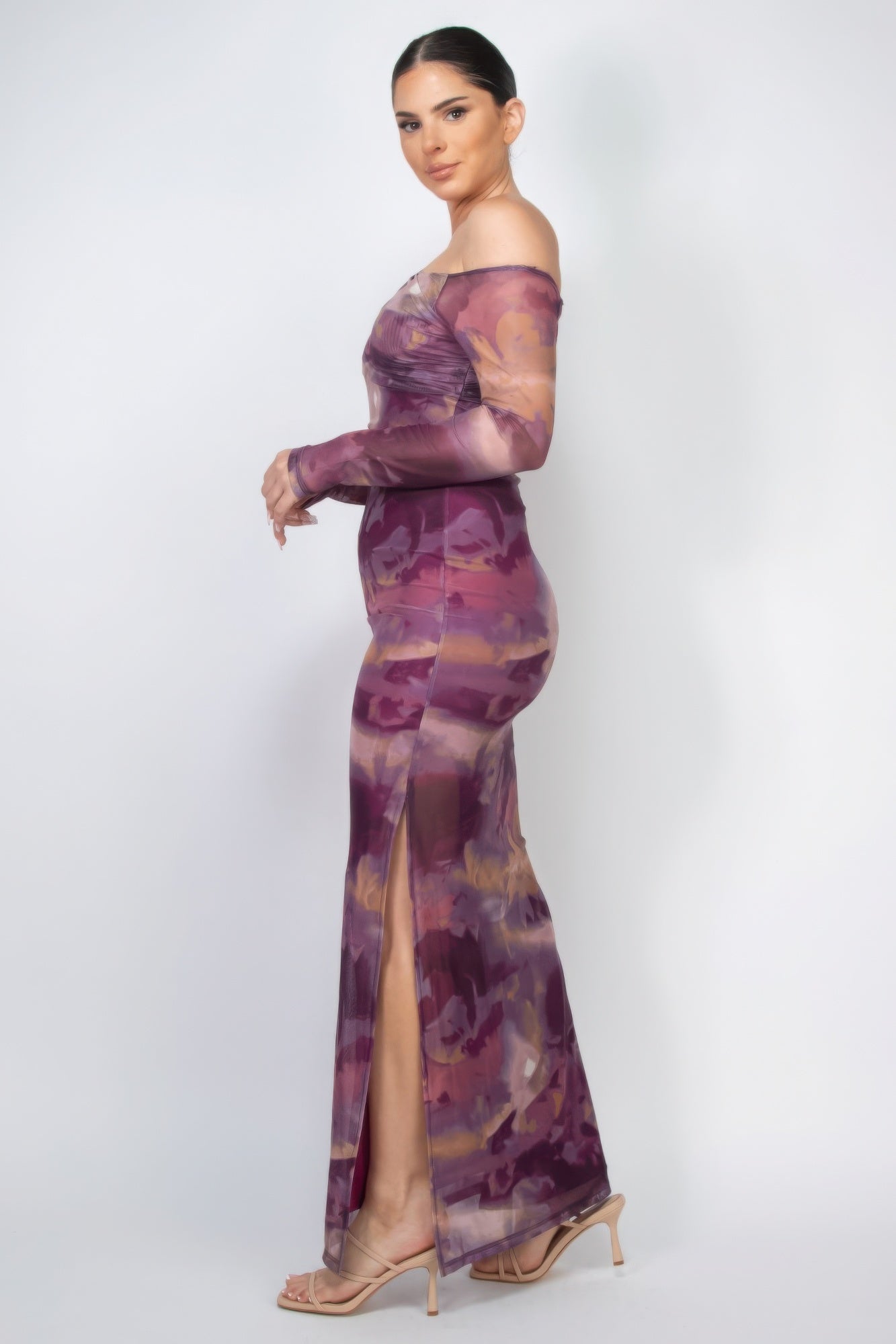 Printed mesh slit bodycon dress - Body By J'ne