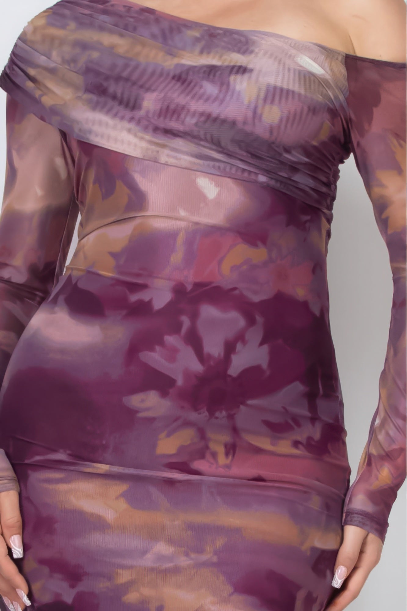 Printed mesh slit bodycon dress - Body By J'ne