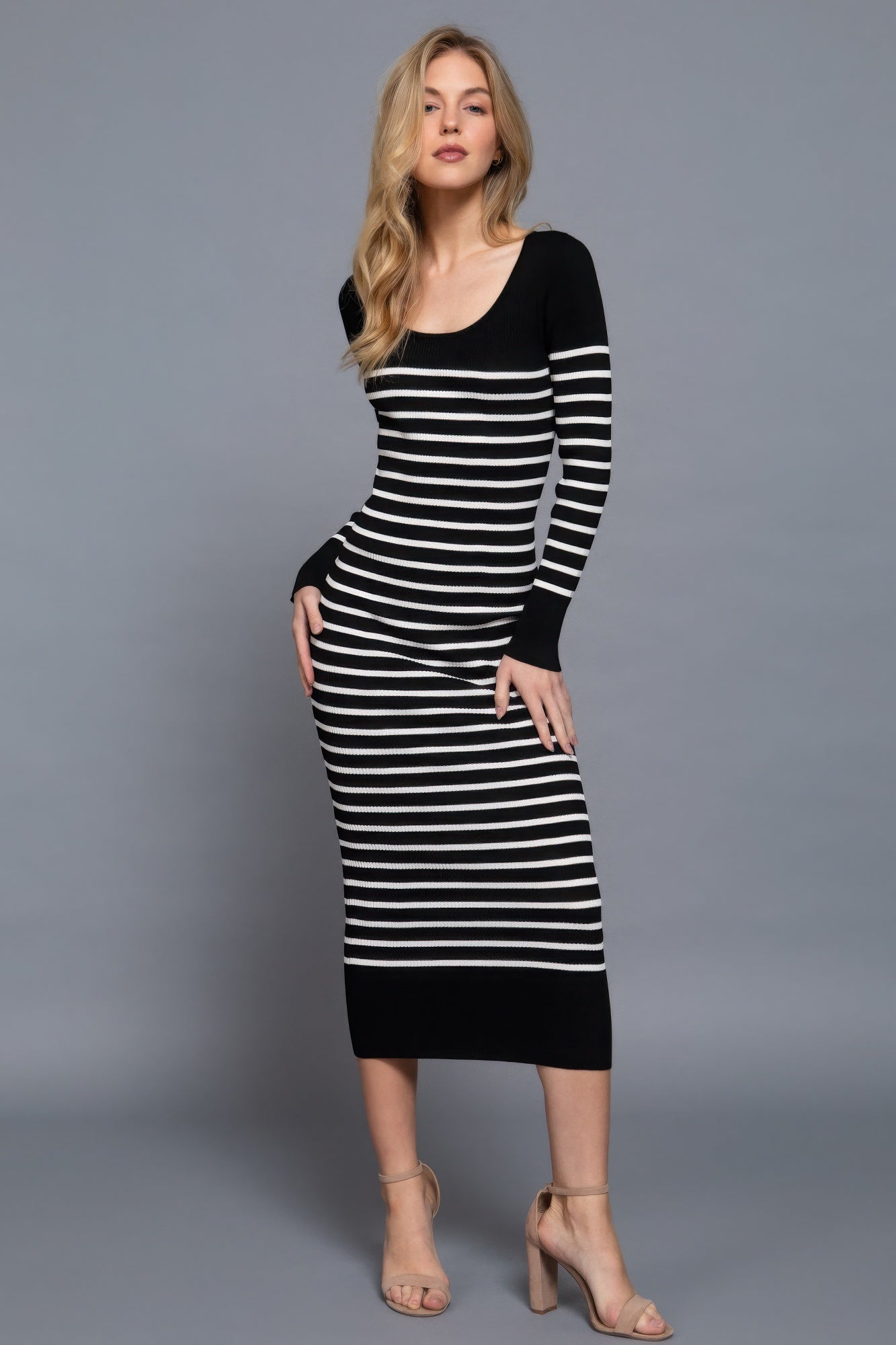Long Slv Round Neck Stripe Sweater Long Dress - Body By J'ne