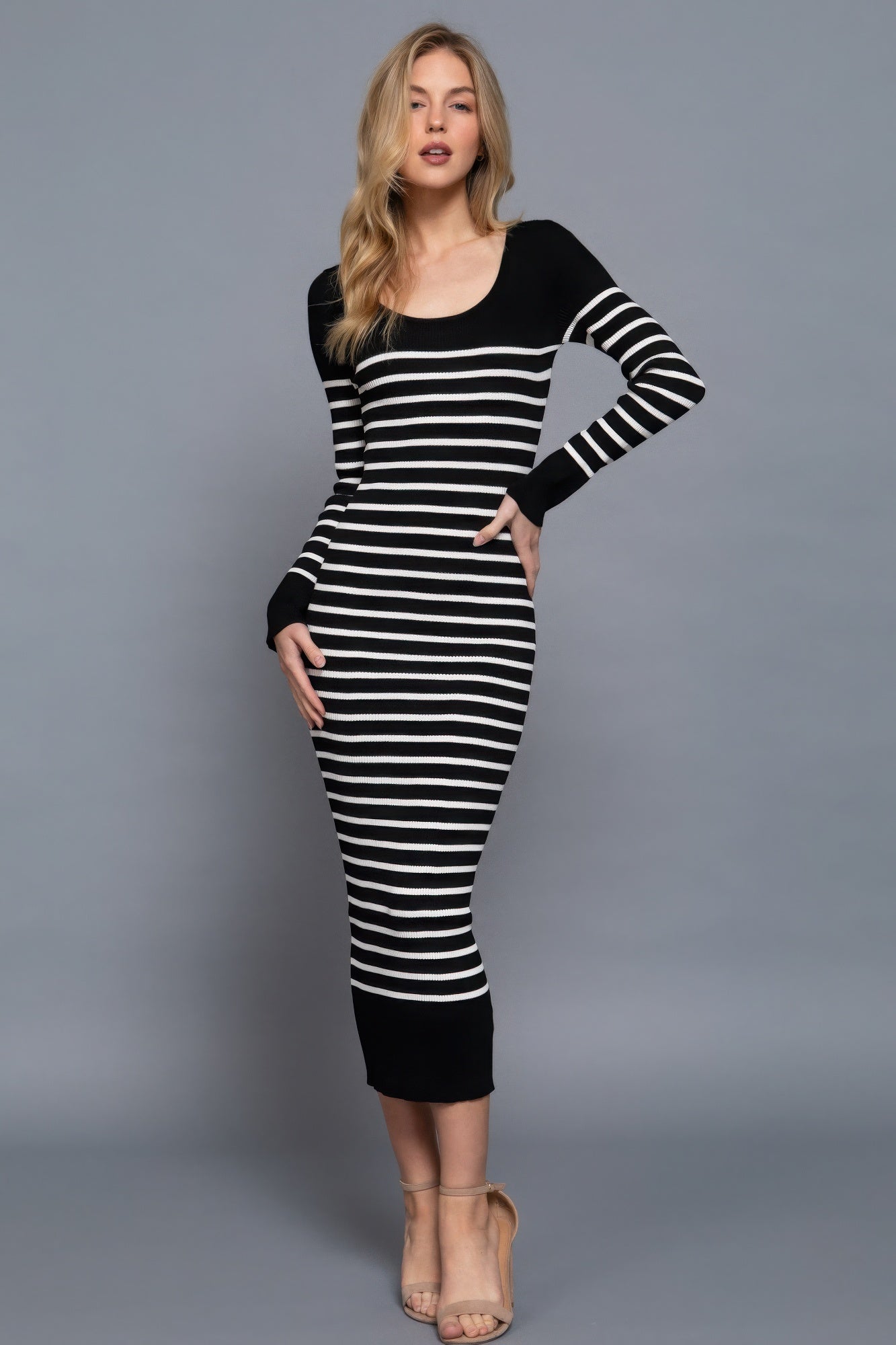 Long Slv Round Neck Stripe Sweater Long Dress - Body By J'ne
