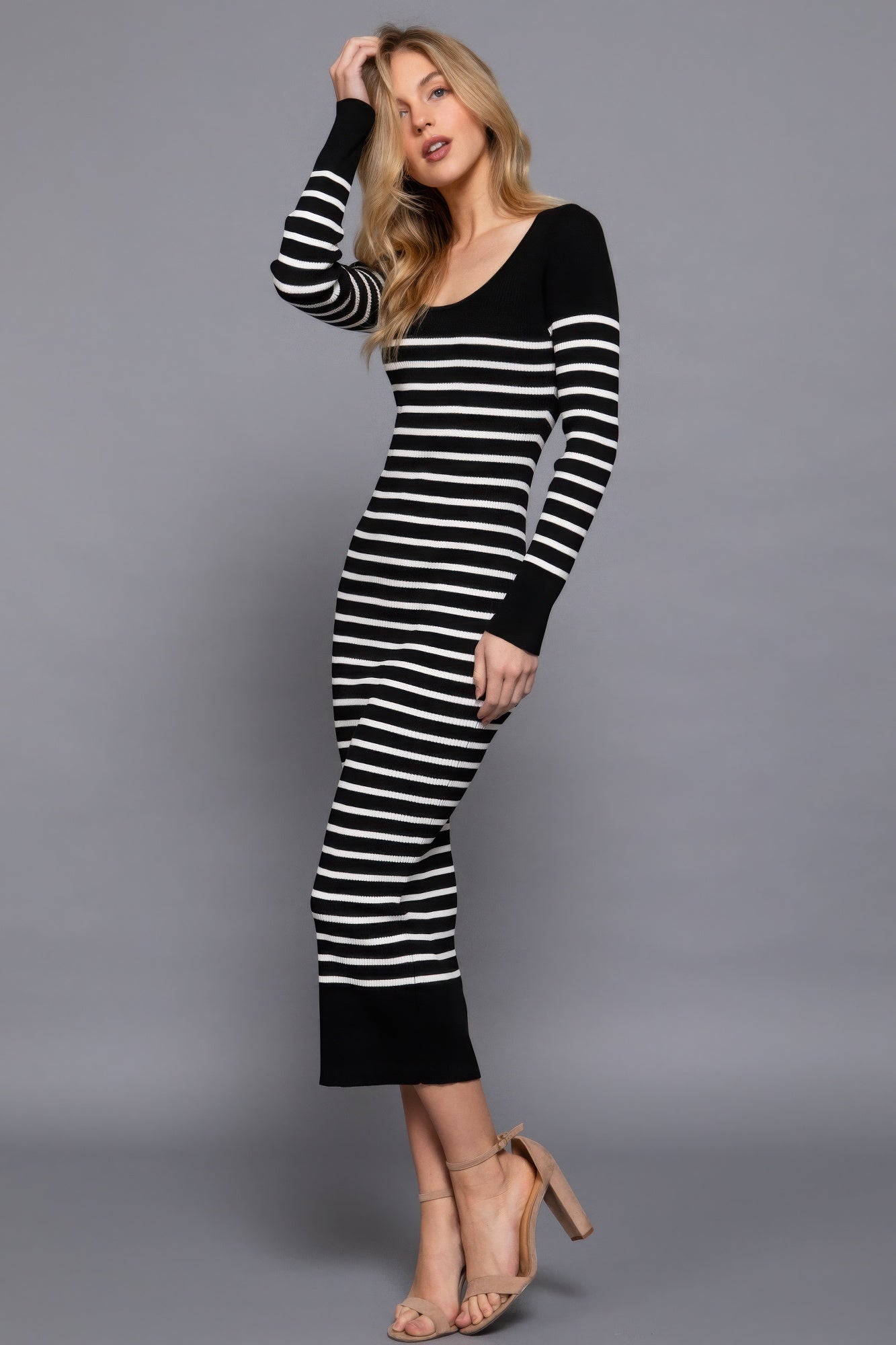 Long Slv Round Neck Stripe Sweater Long Dress - Body By J'ne