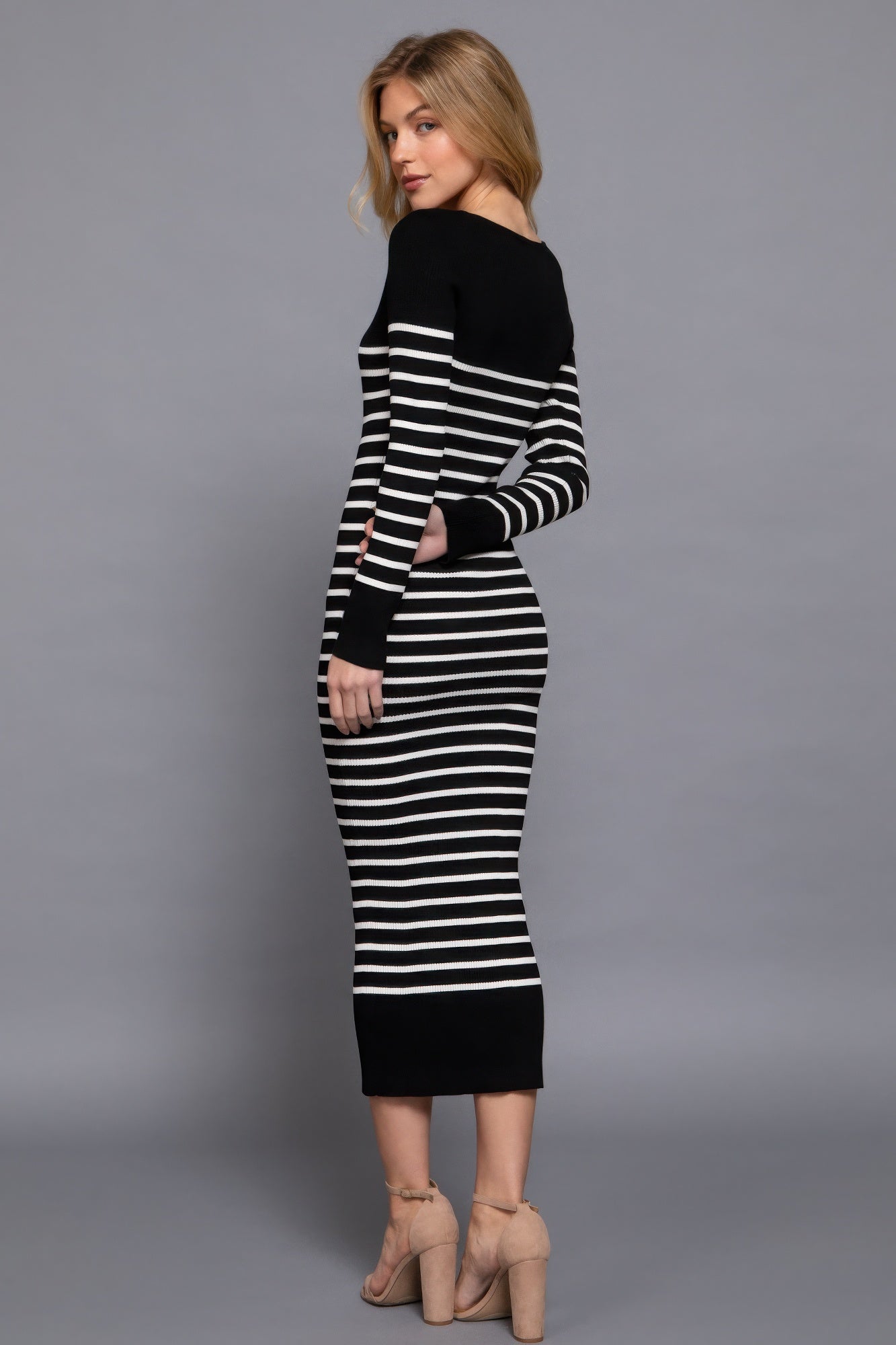 Long Slv Round Neck Stripe Sweater Long Dress - Body By J'ne
