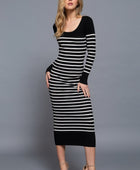 Long Slv Round Neck Stripe Sweater Long Dress