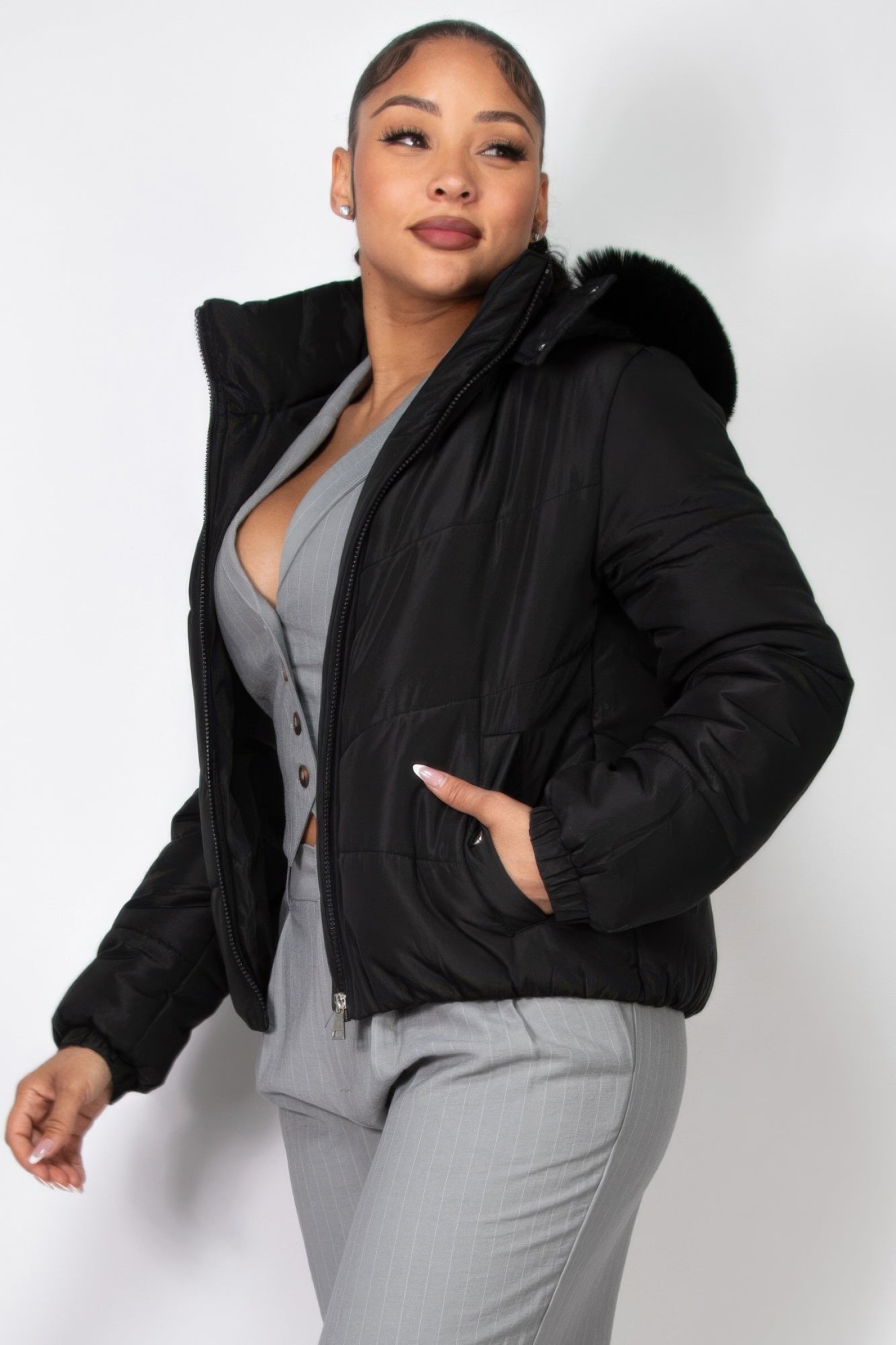 Insulated Zip-up Faux Fur Hooded Jacket - Body By J'ne