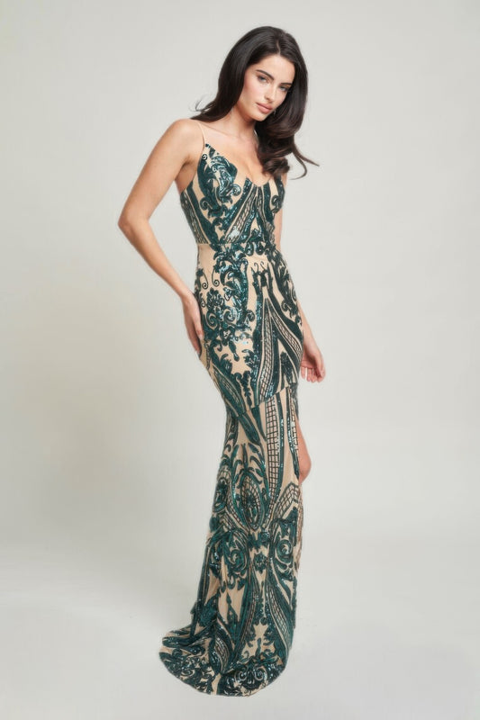 Spaghetti Strap Art Deco Sequins Maxi Dress - Body By J'ne