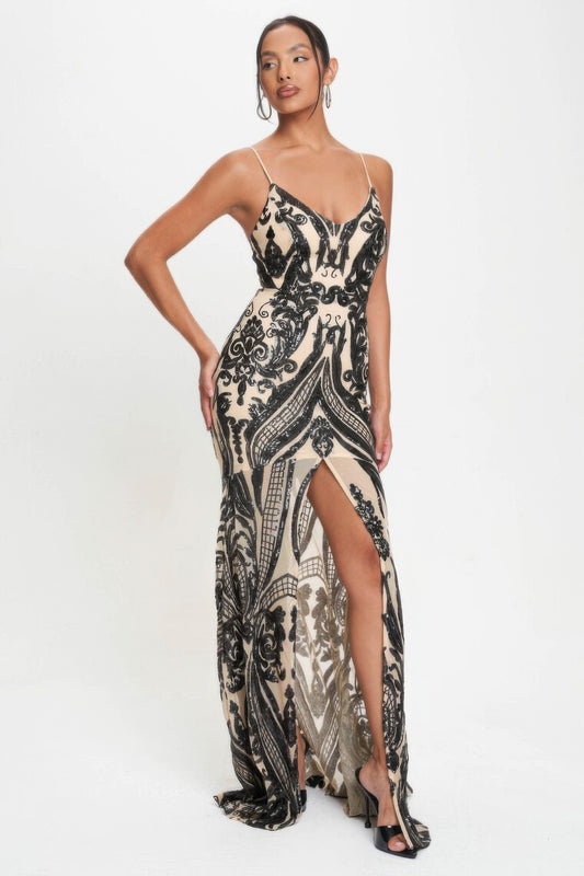 Spaghetti Strap Art Deco Sequins Maxi Dress - Body By J'ne