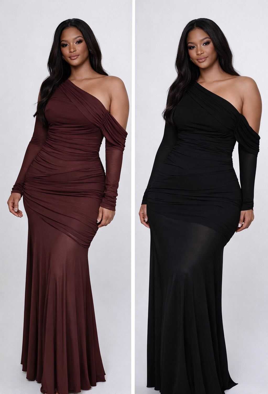 One-Shoulder Ruched Mesh Maxi Dress - Body By J'ne